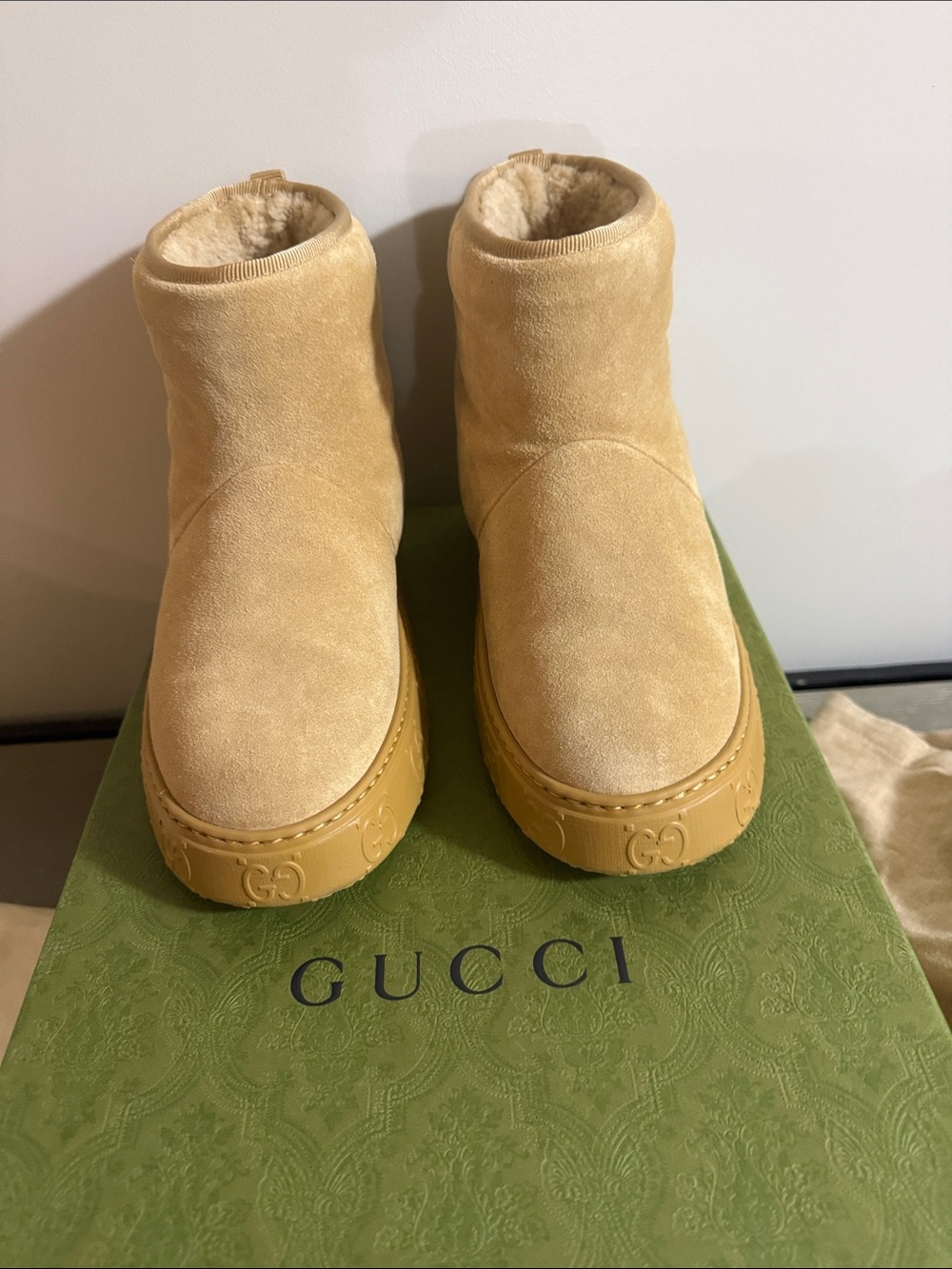 Gucci Prestige Suede Butterscoth/Butters Platform Ankle Boots